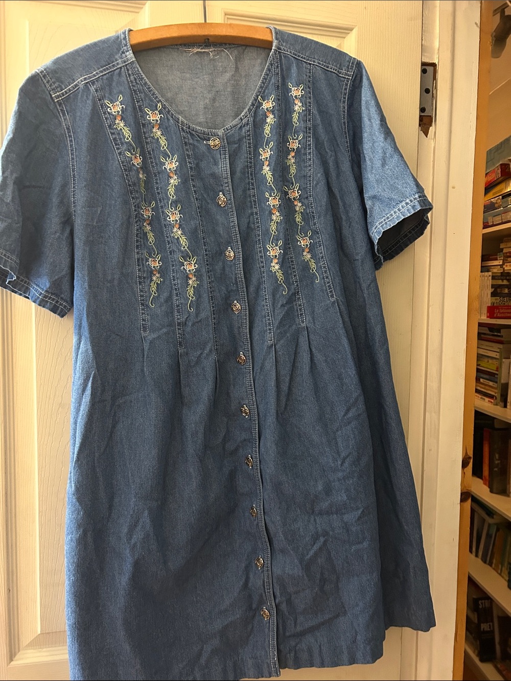 Blue Embroidered Button-Front Women's Dress
